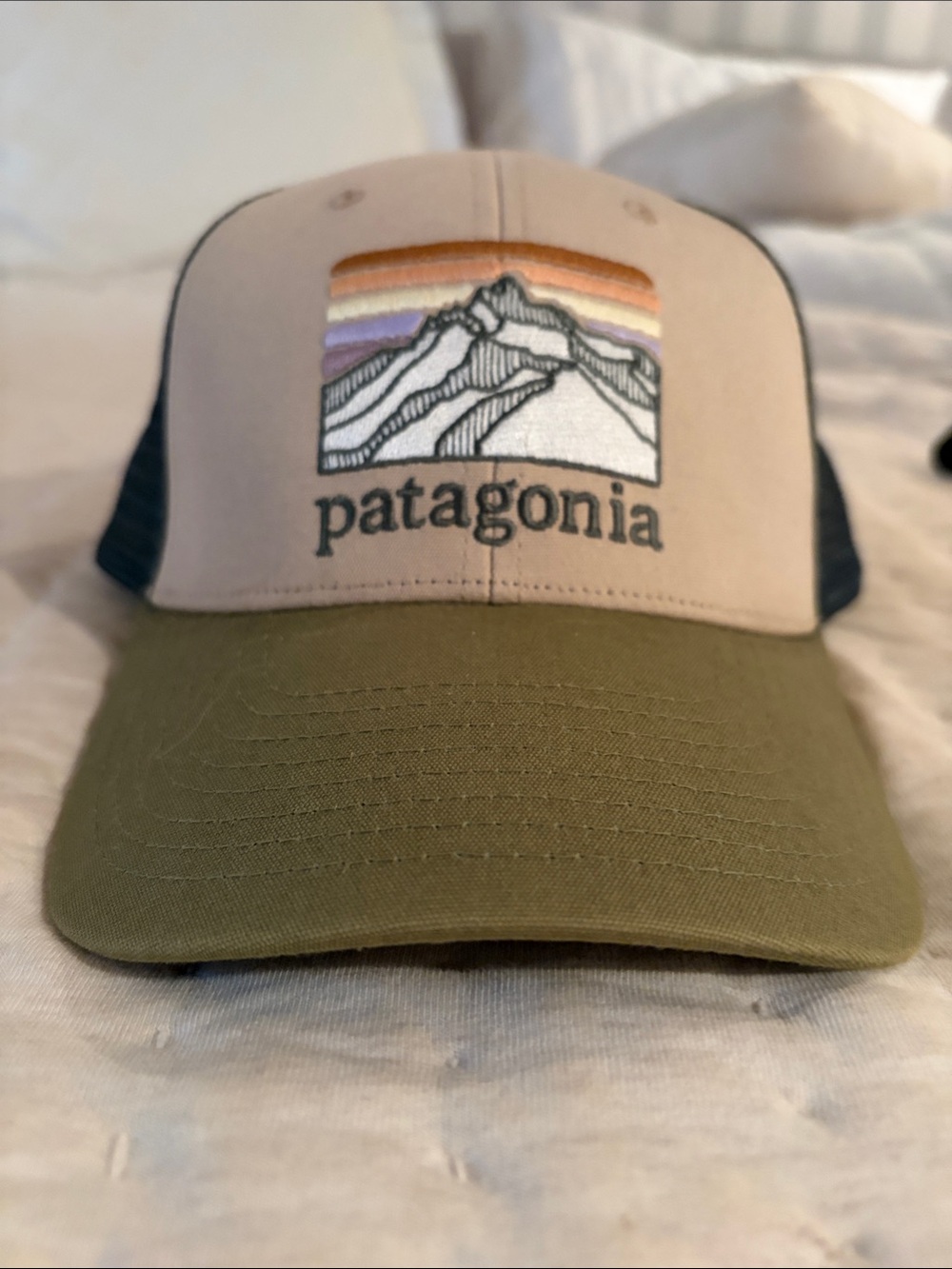 Patagonia Two-Tone Trucker Hat in Tan, Olive and Black with Mountain Patch